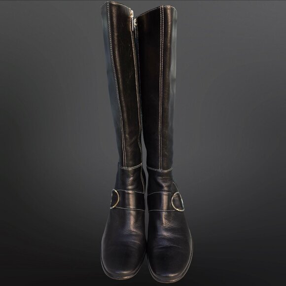 Y2K Knee High Tall Boots Size 9.5 Black Leather Buckle Stiletto Heels EUR 40 - Picture 5 of 11